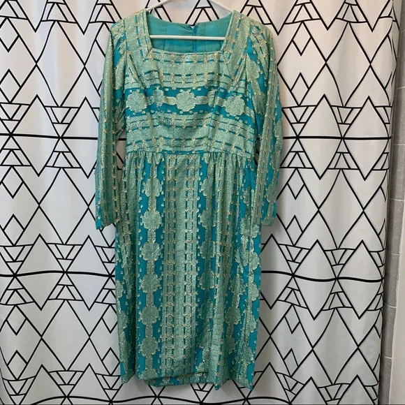 Vintage handmade 60s gold metallic peacock blue shift dress - Picture 9 of 12
